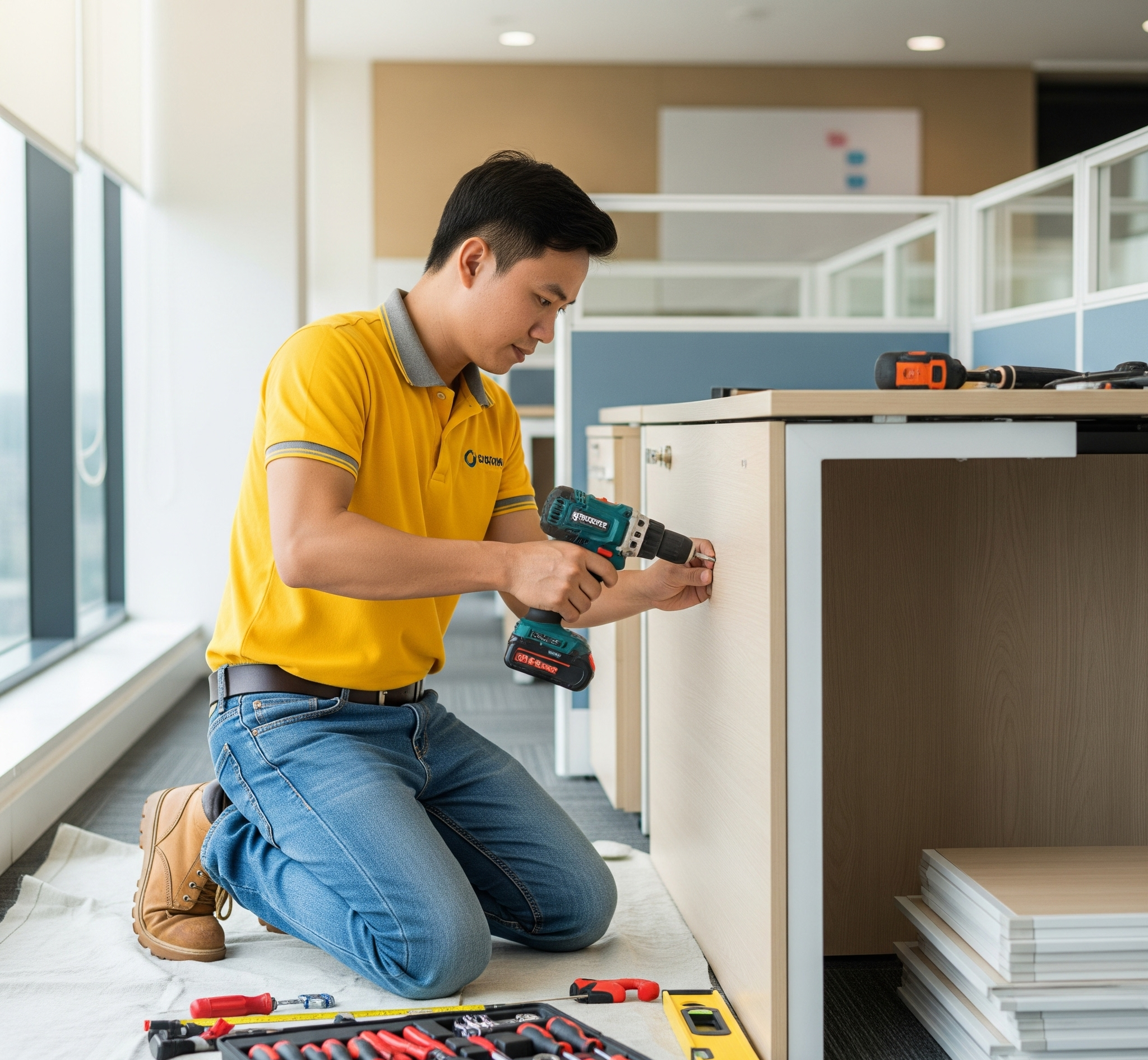 Nhân viên lắp đặt và sắp xếp lại đồ đạc